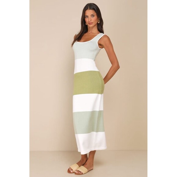 Lulus Easily Gorgeous Ivory and Sage Green Striped Midi Sweater Dress NWT Size M - Picture 3 of 9